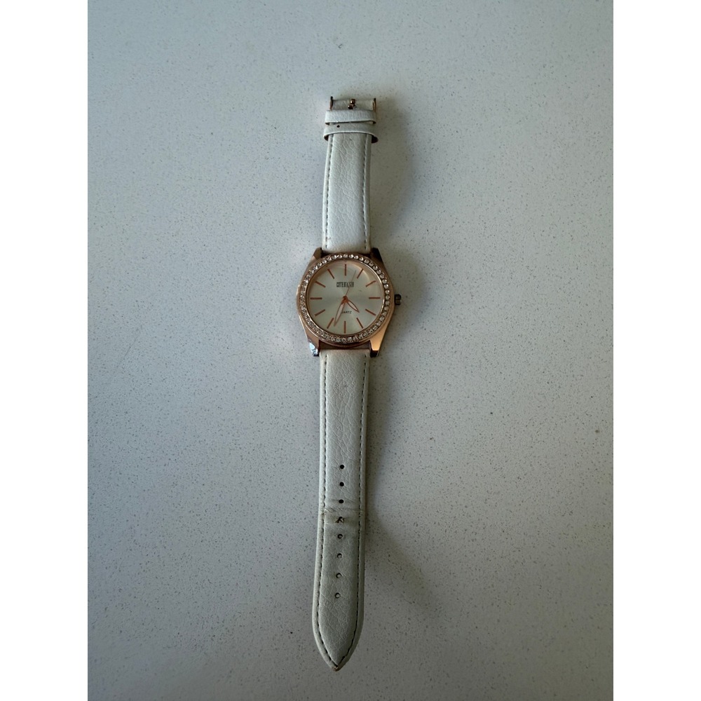 Cote DAzur Womens Quartz Watch Rose Gold Tone Rhinestone Bezel White Strap